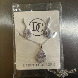 Dareth Colburn CZ Silver Pear Shaped Halo Earrings & Necklace